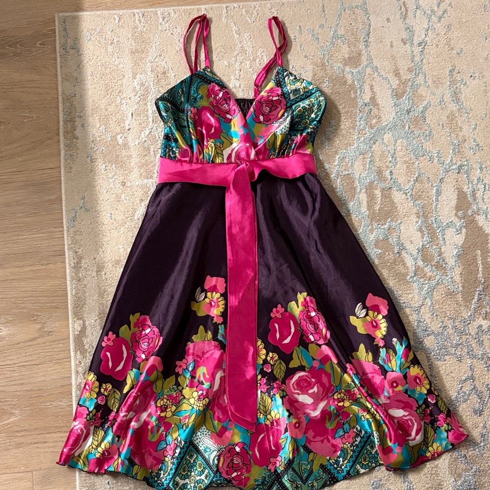 100 % cotton satin Floral Pink and Black Mini Dress